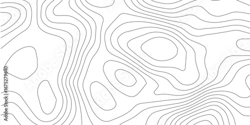 Abstract contour map seamless pattern showing geographic topographic terrain relief, mountain elevation lines, black and white design, paper mapping texture illustration.