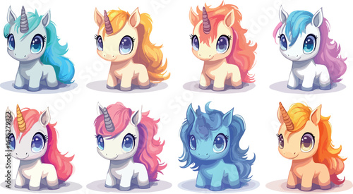 Collection of adorable kawaii style baby unicorns with colorful manes and tails in a row