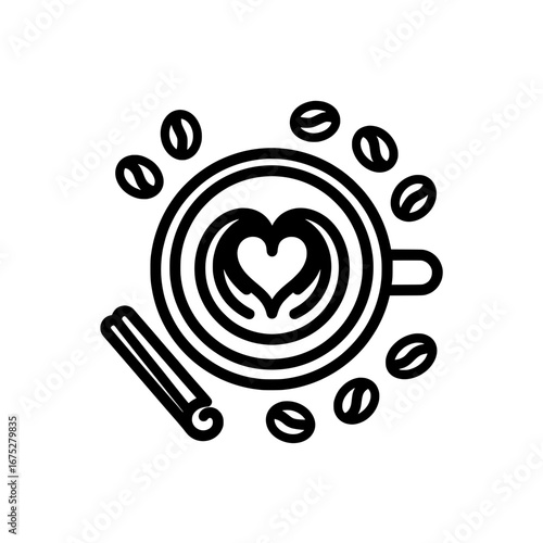 Coffee cup with heart latte art and coffee beans with transparent background
