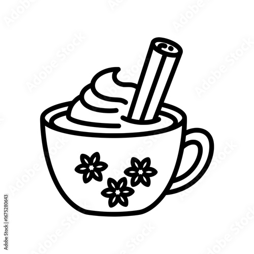 Glass teacup with flowers and stir stick with transparent background