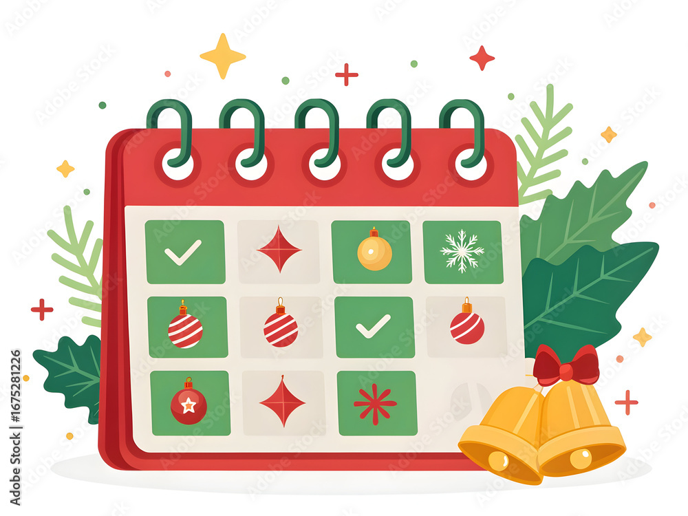 Fototapeta premium Festive holiday calendar with seasonal decorations and bells green