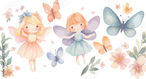 Whimsical watercolor fairies with delicate butterflies and soft floral accents in a dreamy enchanted garden