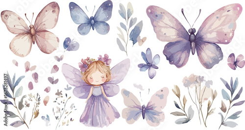 Enchanting watercolor fairy surrounded by delicate butterflies and whimsical floral elements in soft pastel hues