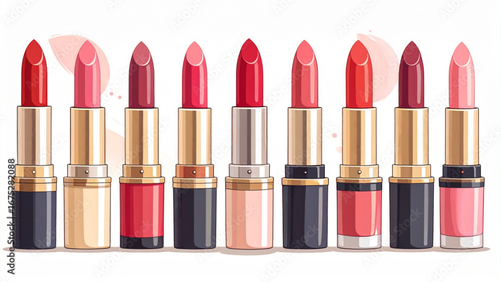 Obraz premium Hand drawn vector illustration of assorted lipstick shades with swatches, cosmetic collection flat design.