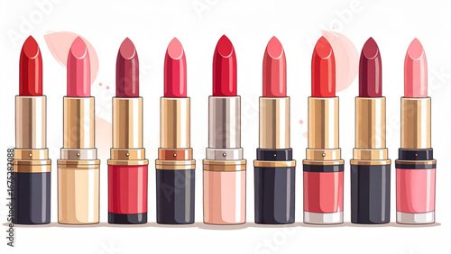 Hand drawn vector illustration of assorted lipstick shades with swatches, cosmetic collection flat design.