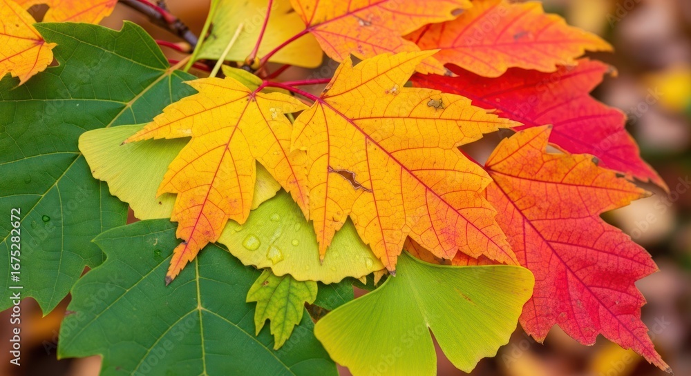 Vibrant Autumn Leaf Tapestry: Maple, Ginkgo, and Green Foliage with Water Droplets Vibrant Autumn Leaf Tapestry: Maple, Ginkgo, and Green Foliage with Water Droplets