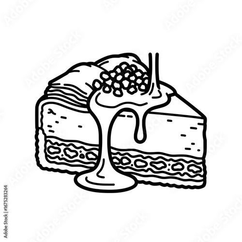 Slice of cake with chocolate topping on transparent background