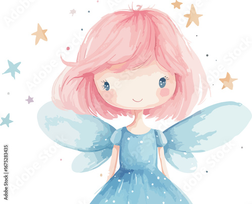 Whimsical watercolor illustration of a cute fairy with pink hair and blue wings surrounded by stars