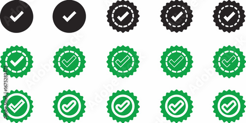 Collection of green and black check mark icons and approved seals for verification and confirmation