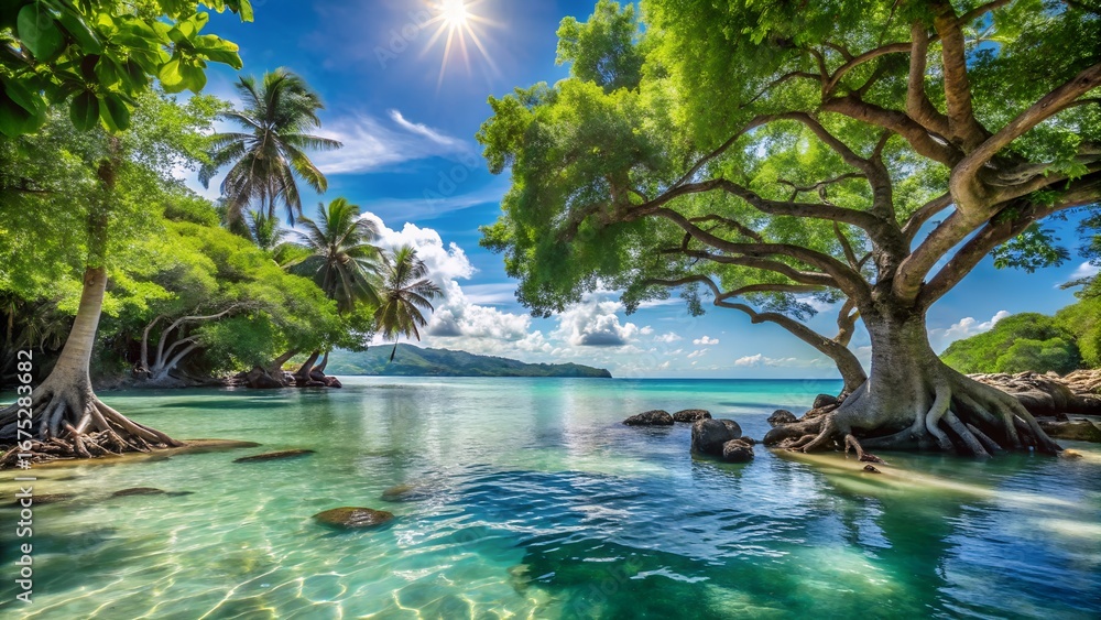 Obraz premium Idyllic Tropical Beach Scene with Turquoise Water and Lush Green Trees