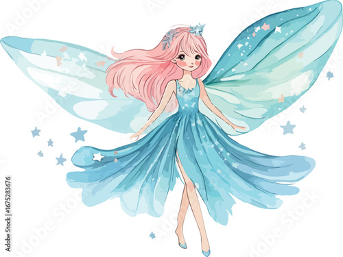 Enchanting young fairy with flowing pink hair and iridescent blue wings wearing a sparkling gown
