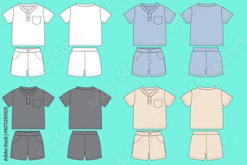 Infant Toddler Baby Short Sleeve T-Shirt and Shorts Colorway Set Fashion Flat Sketch Outline.