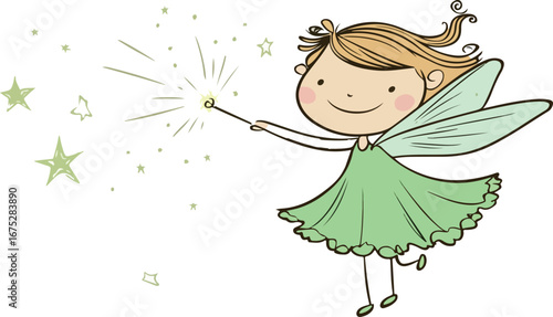 Charming cartoon fairy girl with sparkly magic wand and green wings spreading stardust