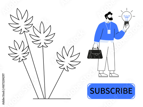 Businessperson with lightbulb representing an idea, cannabis leaves symbolizing industry, and subscription button. Ideal for innovation, entrepreneurship, cannabis business, branding, marketing