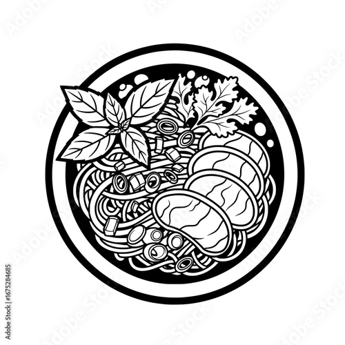 Vegetables and herbs line art on round plate with transparent background
