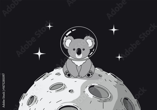 Adorable astronaut koala discovering the lunar landscape under a starry night sky adventure