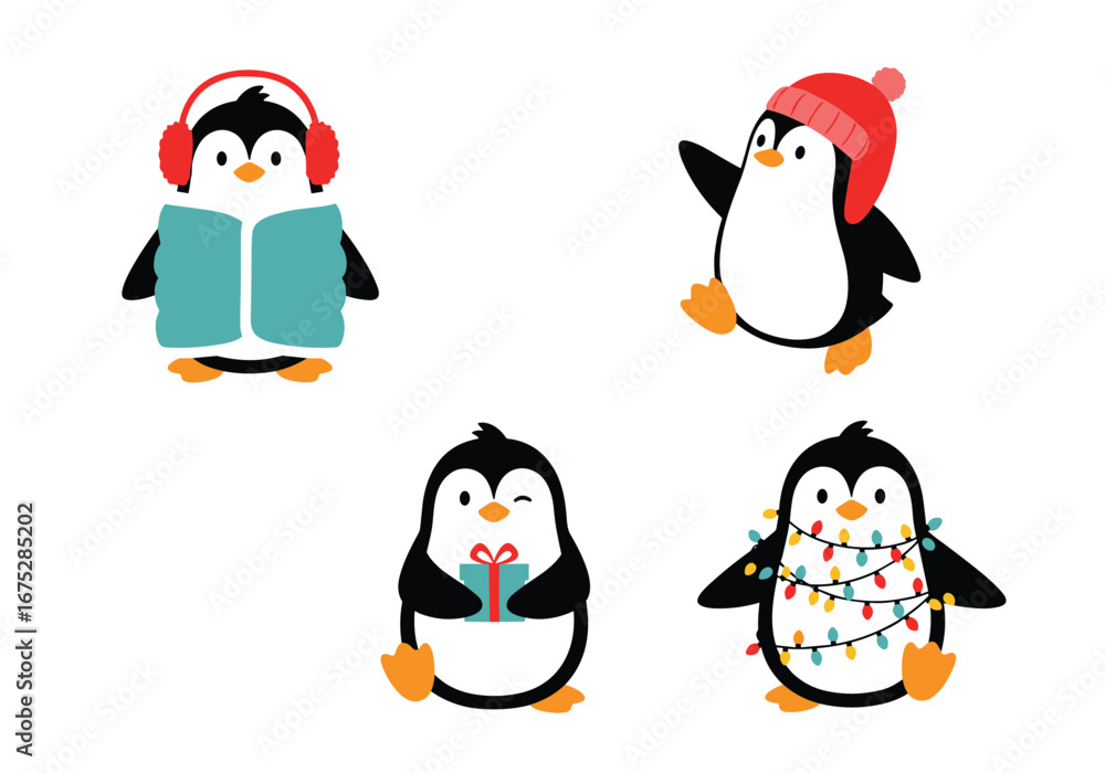 Fototapeta premium Cute winter penguins enjoying the holidays with festive decorations and warm accessories
