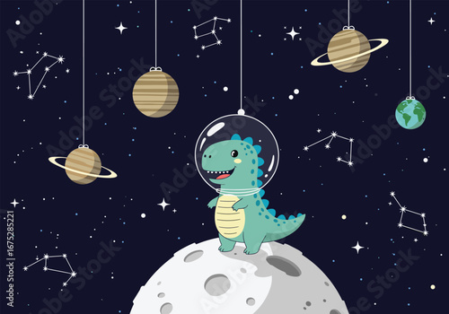 Cute dinosaur astronaut exploring the vast universe and distant planets among the stars