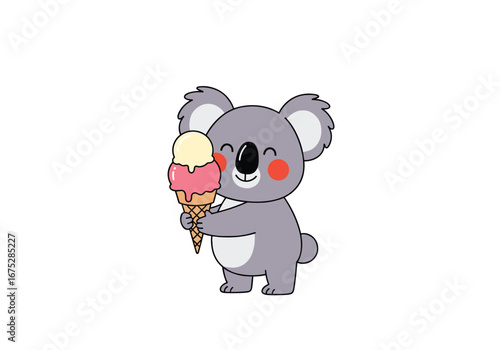 Adorable baby koala enjoying a delicious two scoop ice cream cone on a white background with closed eyes and a happy expression