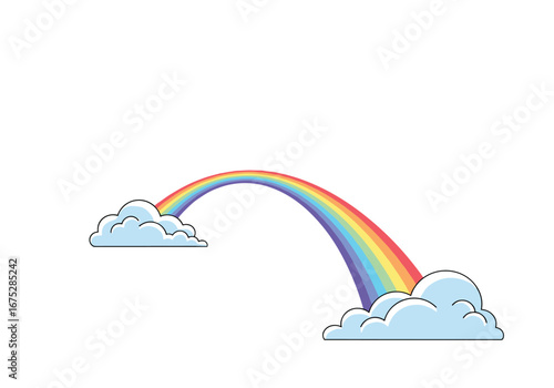 A vibrant rainbow arching beautifully between two fluffy clouds under a bright sky