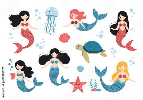 Charming collection of mythical ocean dwellers featuring mermaids and marine life including a jellyfish turtle and starfish