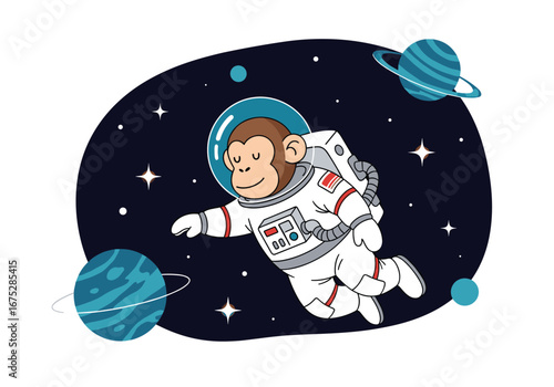 Adorable chimpanzee astronaut floating peacefully in a colorful galaxy surrounded by planets and stars