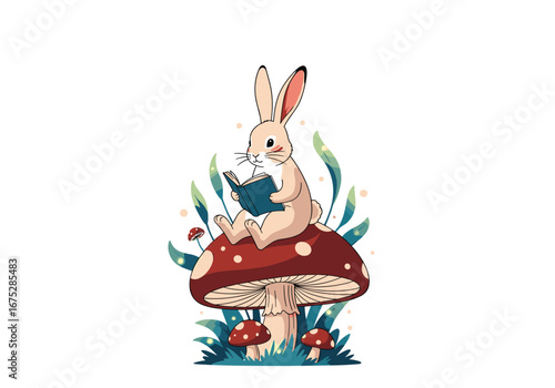Adorable rabbit enjoys reading a book while sitting on a large mushroom surrounded by lush greenery and smaller fungi illustration