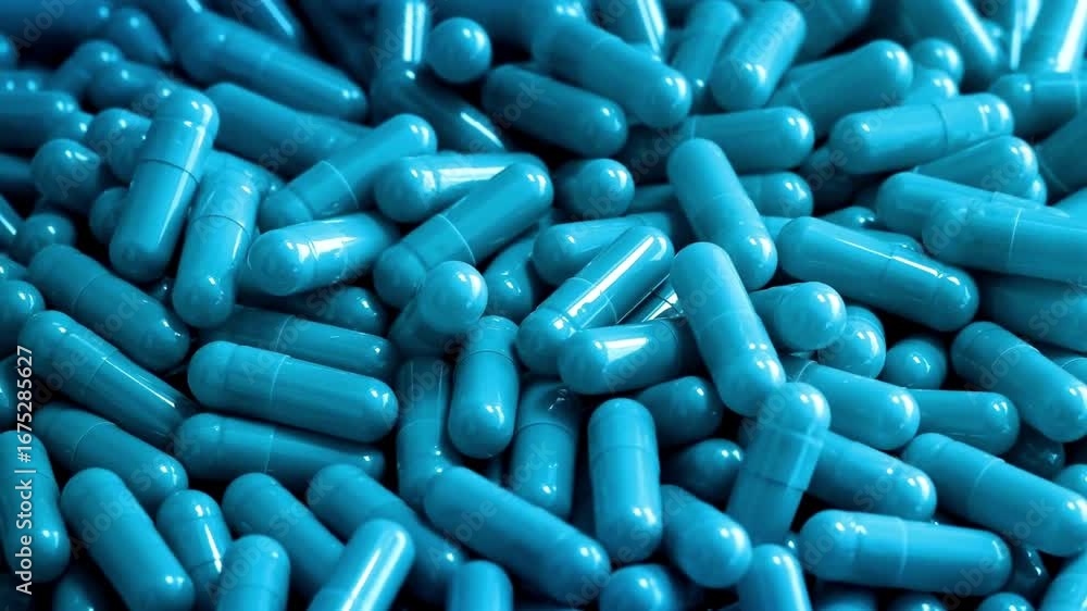 A close view of numerous blue capsules being sorted in a pharmaceutical setting. The efficient operation showcases the meticulous processes involved in medication production.