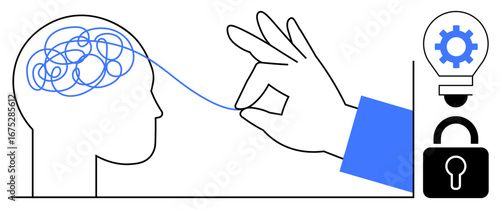 Human head with tangled line straightened by hand, light bulb with cog symbol, and open lock. Ideal for problem-solving, innovation, mental clarity, creativity, brainstorming, unlocking ideas focus