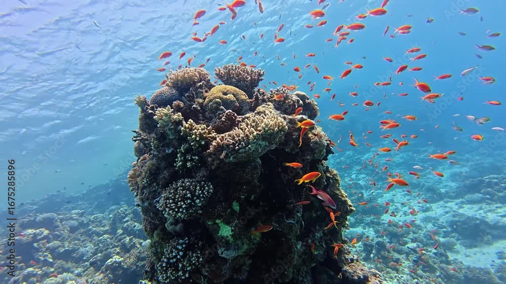 Snorkeling with the school of fish (Indo-Pacific sergeant - Abudefduf vaigiensis) and tropical coral reef. Underwater video with the fish and corals. Marine life and fish, travel footage.