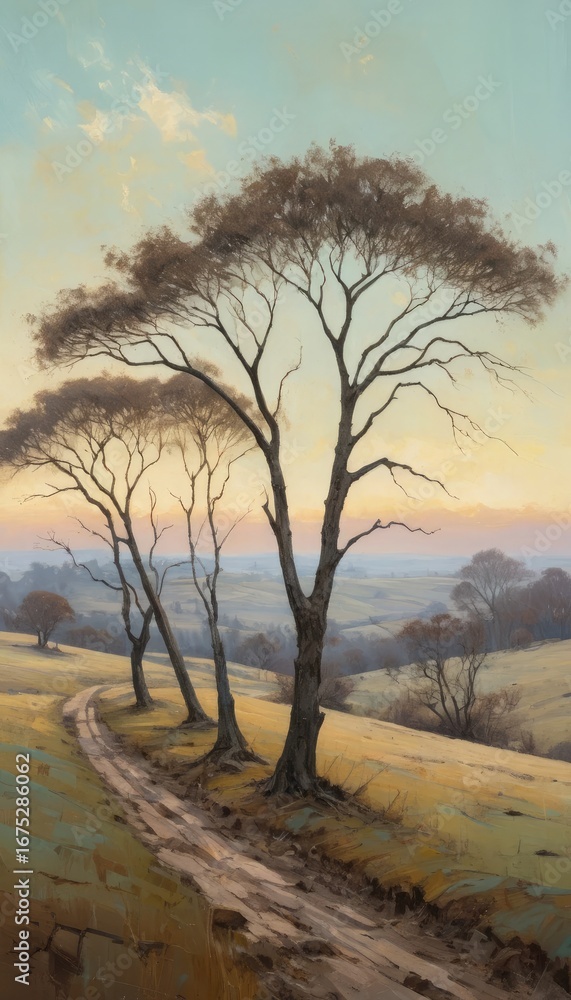 Fototapeta premium Winding dirt path through rolling hills with trees