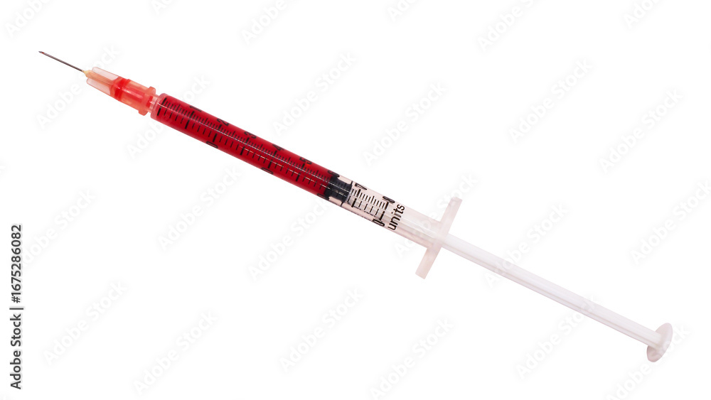 Fototapeta premium 1 ml syringe filled with fake blood on white background