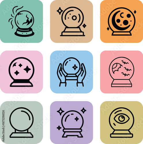 Nine Crystal Ball Icons In Different Colors fortune telling