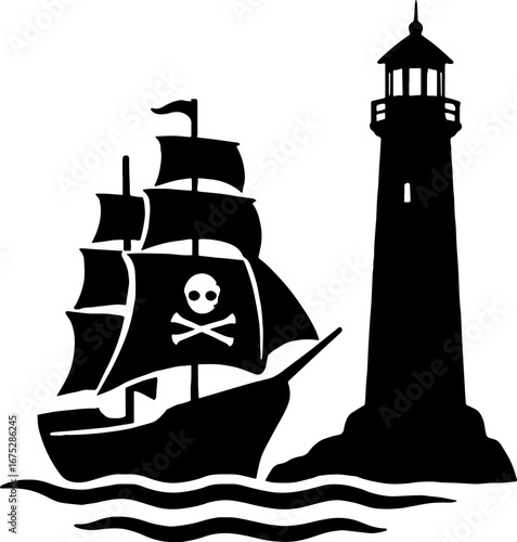 Sailing Ship Passing Lighthouse ? Nautical Silhouette Vector With White Background 