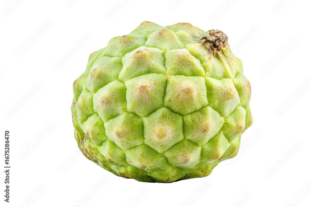 Fototapeta premium Custard apple displayed on a white background highlighting its unique texture, shape, and color, perfect for culinary use and health benefits
