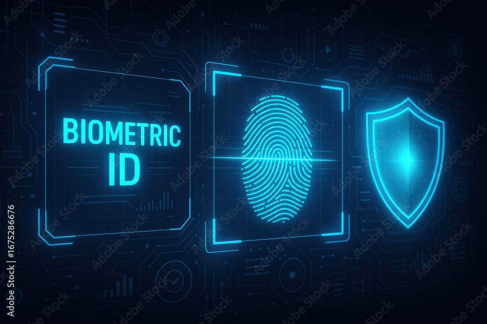Obraz premium Biometric ID for Cyber Security: A futuristic depiction of biometric identification, featuring a glowing fingerprint scan, a digital shield, and Biometric ID text.