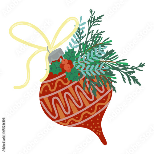 Festive red ornament adorned with intricate designs, ribbon, pine branches, and holly with berries. Vector illustration perfect for holiday decorations and seasonal design projects.