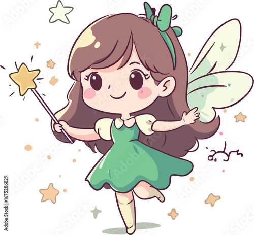Adorable chibi fairy girl with wings and magic wand spreading sparkles and stars in a whimsical fantasy scene
