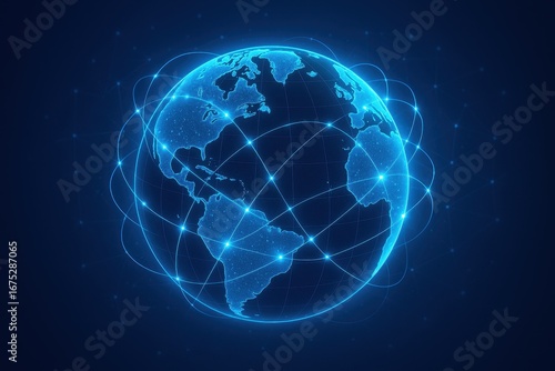 Wallpaper Mural Global Network Connection: A digital representation of the Earth is overlaid with interconnected lines, symbolizing the seamless flow of data across continents. The radiant network glows. Torontodigital.ca
