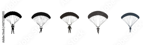 A series of silhouette illustrations depicting five paratroopers descending with open parachutes.