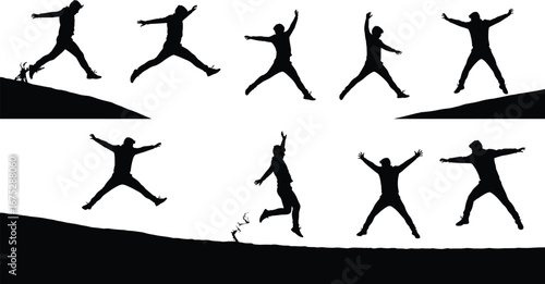 Silhouette man jumping, leaping across cliff, freedom movement, outdoor activity, extreme sports action, success concept, motivation, adventure lifestyle, fitness exercise, energy
