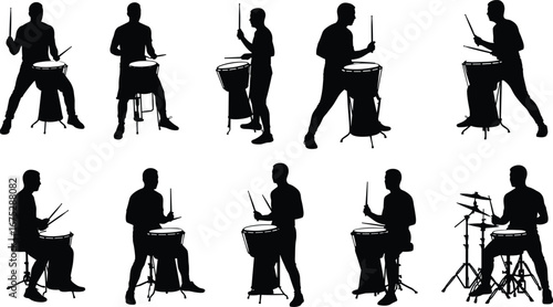 Silhouette of drummer playing drums with sticks, percussion musician performing music, band concert illustration, rhythm entertainment instrument, artistic music concept