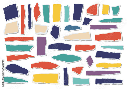 Torn paper pieces in various colors for creative design projects and artistic inspiration