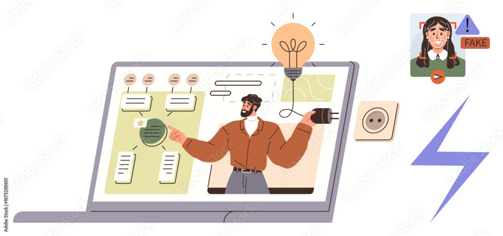 Fototapeta premium Man gesturing toward speech bubbles and charts on laptop screen, lightbulb plugged to outlet, face verification widget. Ideal for ideas, creativity, presentation, technology, energy, misinformation