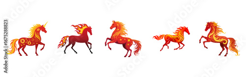 A set of reddish-orange horse illustrations in various running and dynamic poses, showcasing movement.
