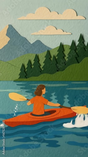 Wallpaper Mural Aerial view of a paper-cut style landscape with a person kayaking on a lake, surrounded by mountains and trees, ideal for a nature-themed video. Live mobile wallpaper. Torontodigital.ca