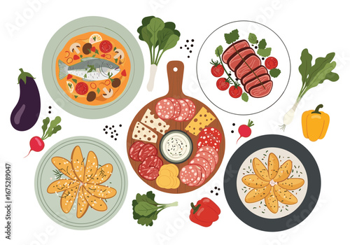 Delicious gourmet meal selection with fish, meat, cheese, vegetables, and appetizers for culinary delight