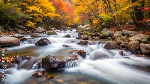Serene Autumn River Flowing Through Colorful Forest With Smooth Cascading Streams And Mossy Rocks