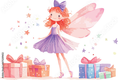 Whimsical watercolor fairy with pink wings and purple dress surrounded by colorful gift boxes and sparkles