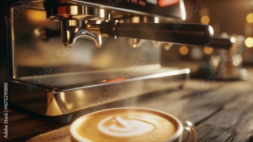 Espresso machine dispensing coffee into a latte art cup on a wooden counter.